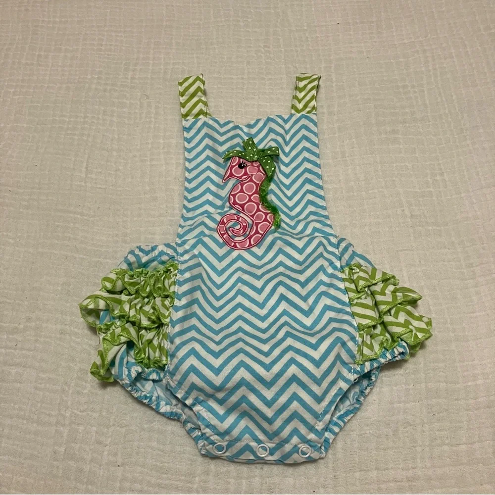 Decorated Originals For Kids Girls‎ Sz 6M Seahorse Green Chevron Ruffle Romper